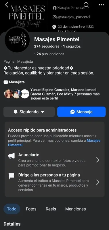 Página de Facebook de Masajes Pimentel